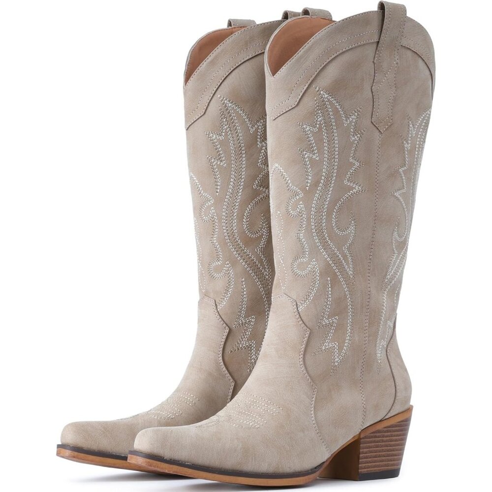 Women's Tan Chunky Heel Mid Calf Snip Toe Embroidery Western Elegance Boots - Picture 1 of 5